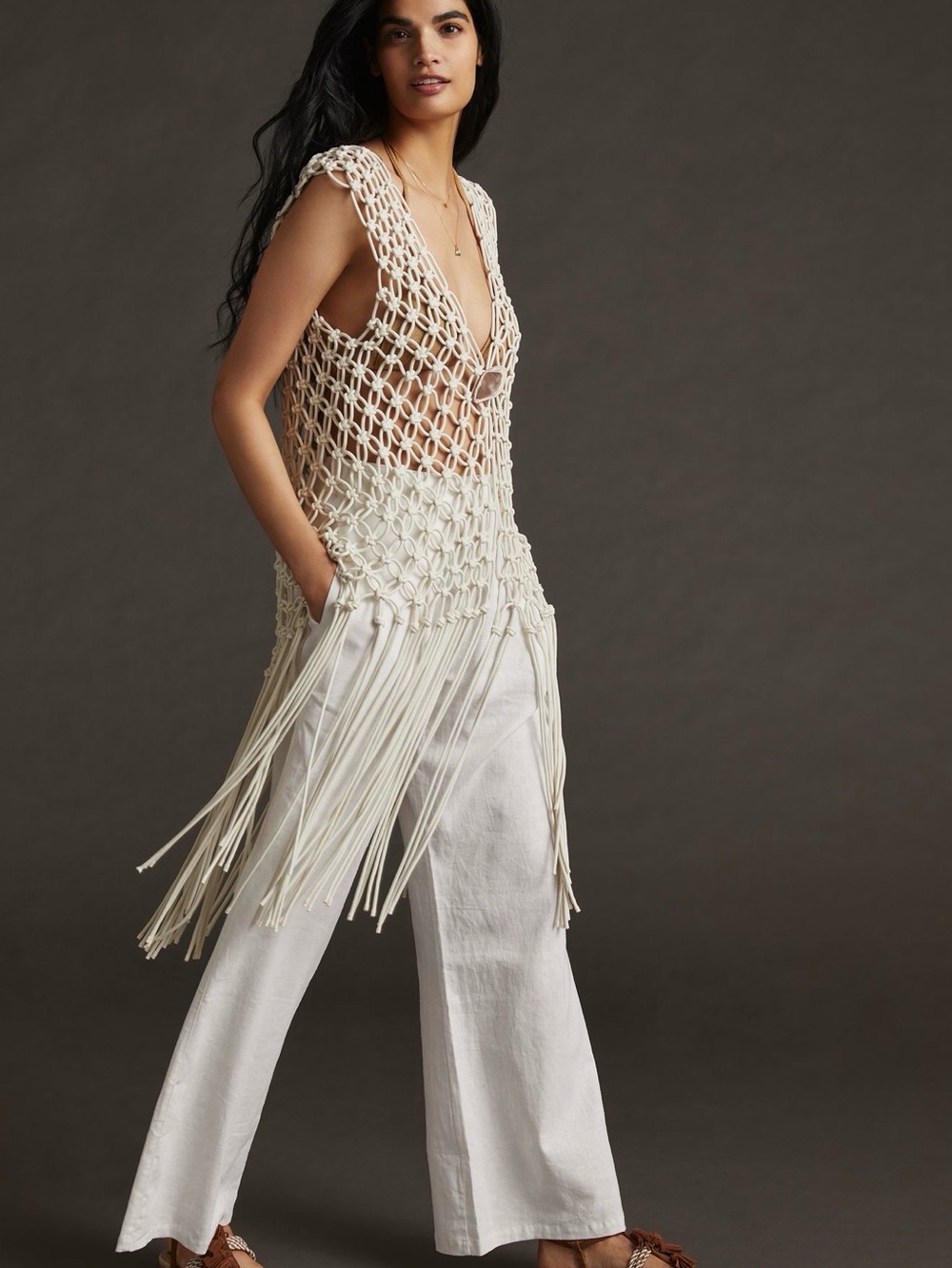 Anthropologie Current air Long Fringe Macramé Fringe Vest